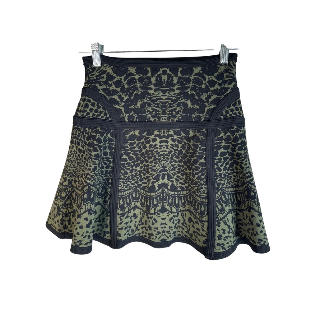 Diane von Furstenberg Green Black Leopard Knit Flare Mini Skirt Size XS Petite